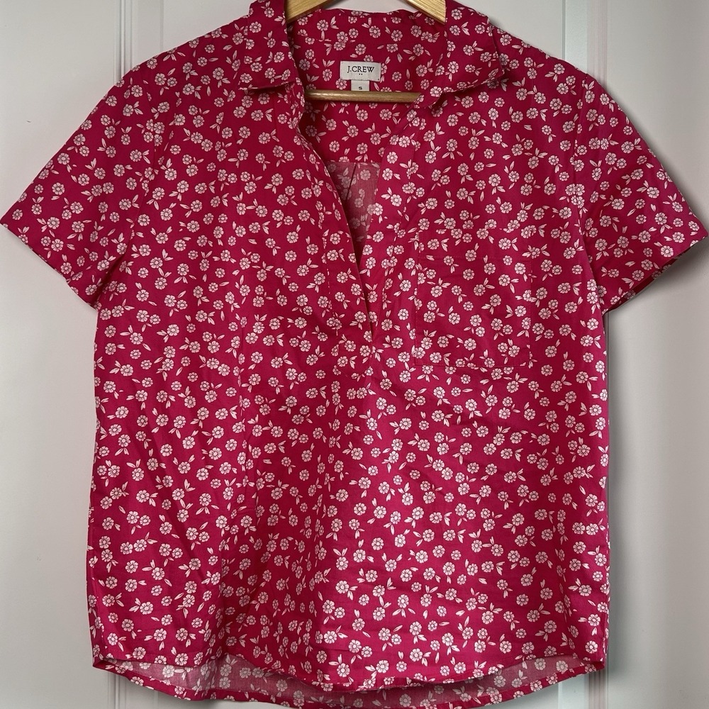 J.Crew Hot Pink Ditsy Floral Cotton Camp Collar Popover Blouse Tomato Girl Style